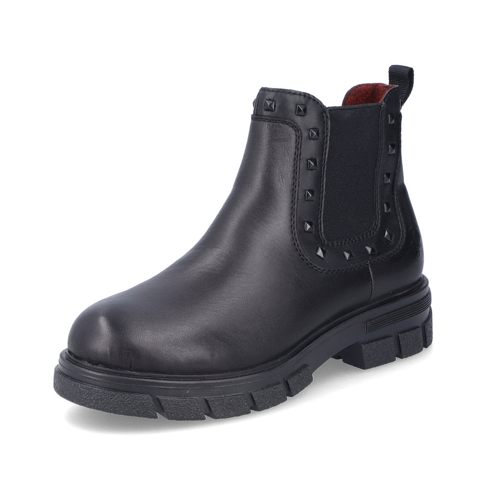 Rieker Ladies Boot Z915 Chunky soled Ankle boot with Elastic side and zip BLACK Z9154-00