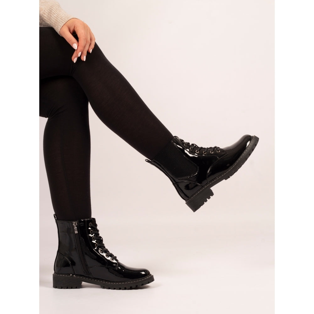 Lunar Alexis BLACK Patent Lace Up Boot With Inside Zip
