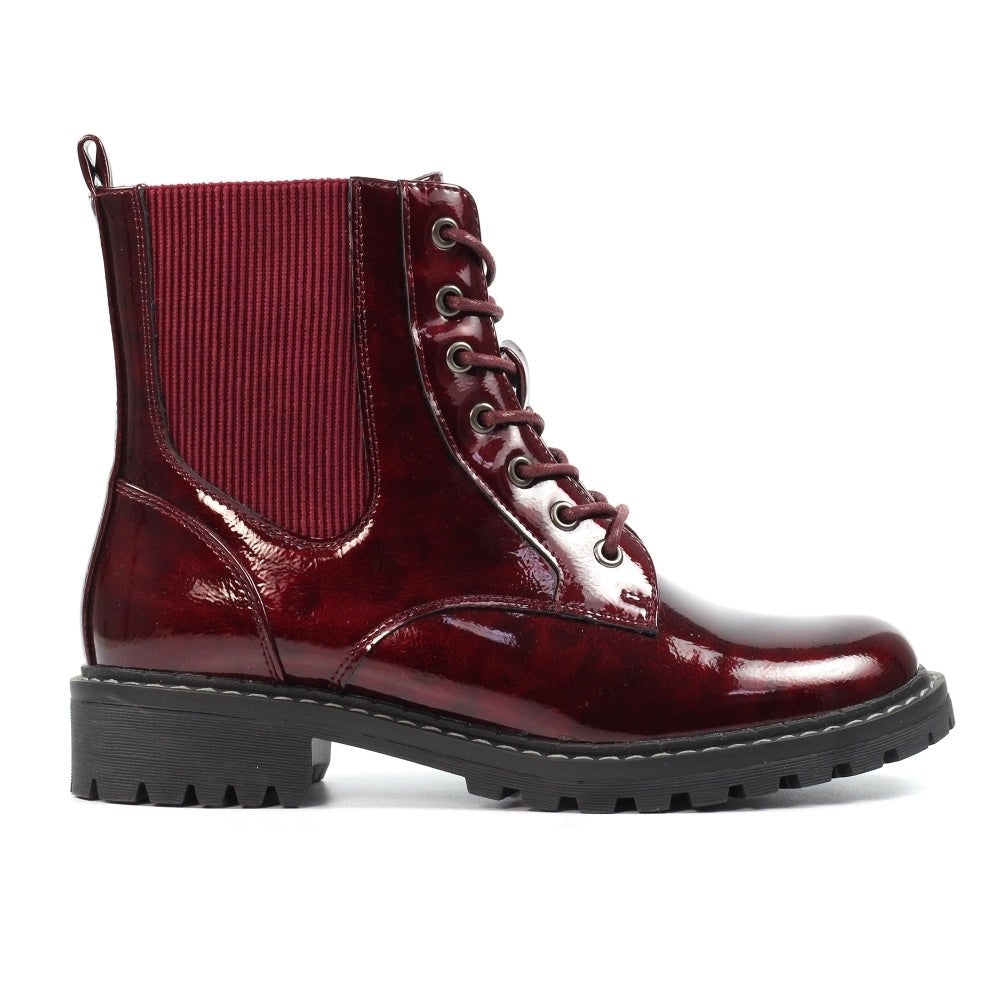 Lunar Alexis BURGUNDY PATENT Lace Up Boot With Inside Zip