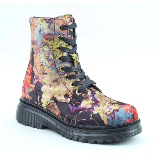 Heavenly Feet Lottie BLACK Floral VELVET Lace Up Boot with Zip