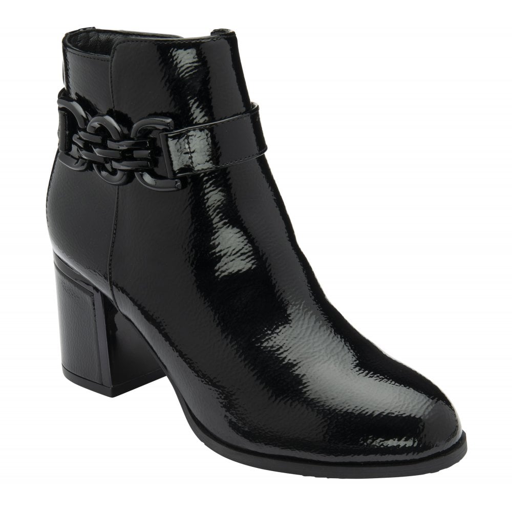 Lotus Amarin BLACK Patent Block Heel Ankle Boot ULB454