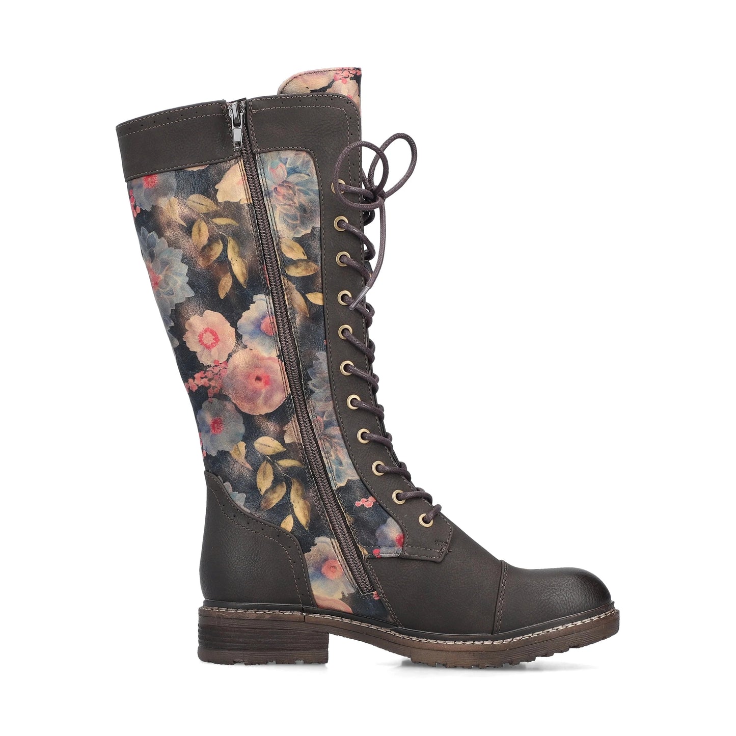 Rieker 94731 Long Leg BROWN Floral PRINT Boot with Laces and Zip 94731-91