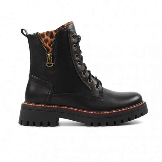 Lunar Colorado Black Chunky Sole Boot with Leorard Print Trim