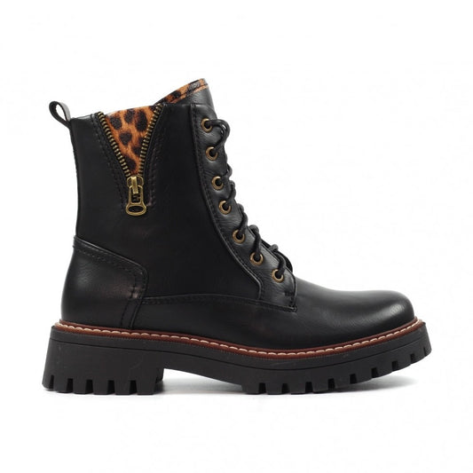 Lunar Colorado Black Chunky Sole Boot with Leorard Print Trim