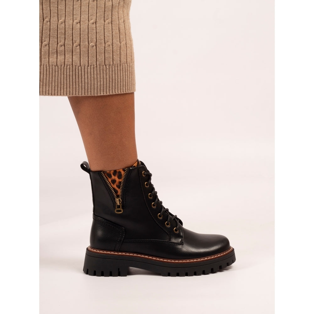 Lunar Colorado Black Chunky Sole Boot with Leorard Print Trim