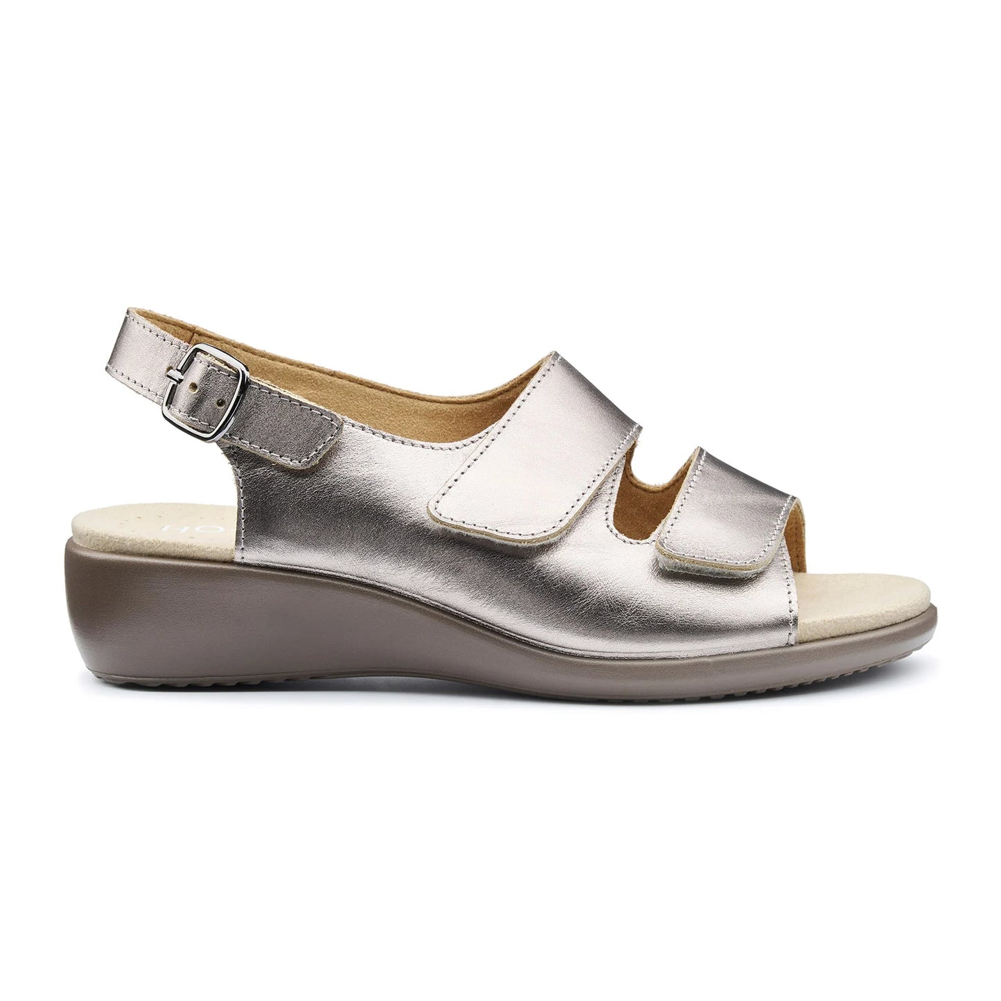 Hotter Easy Touch Fastening Wide Fit Sandal Pewter METALLIC LEATHER