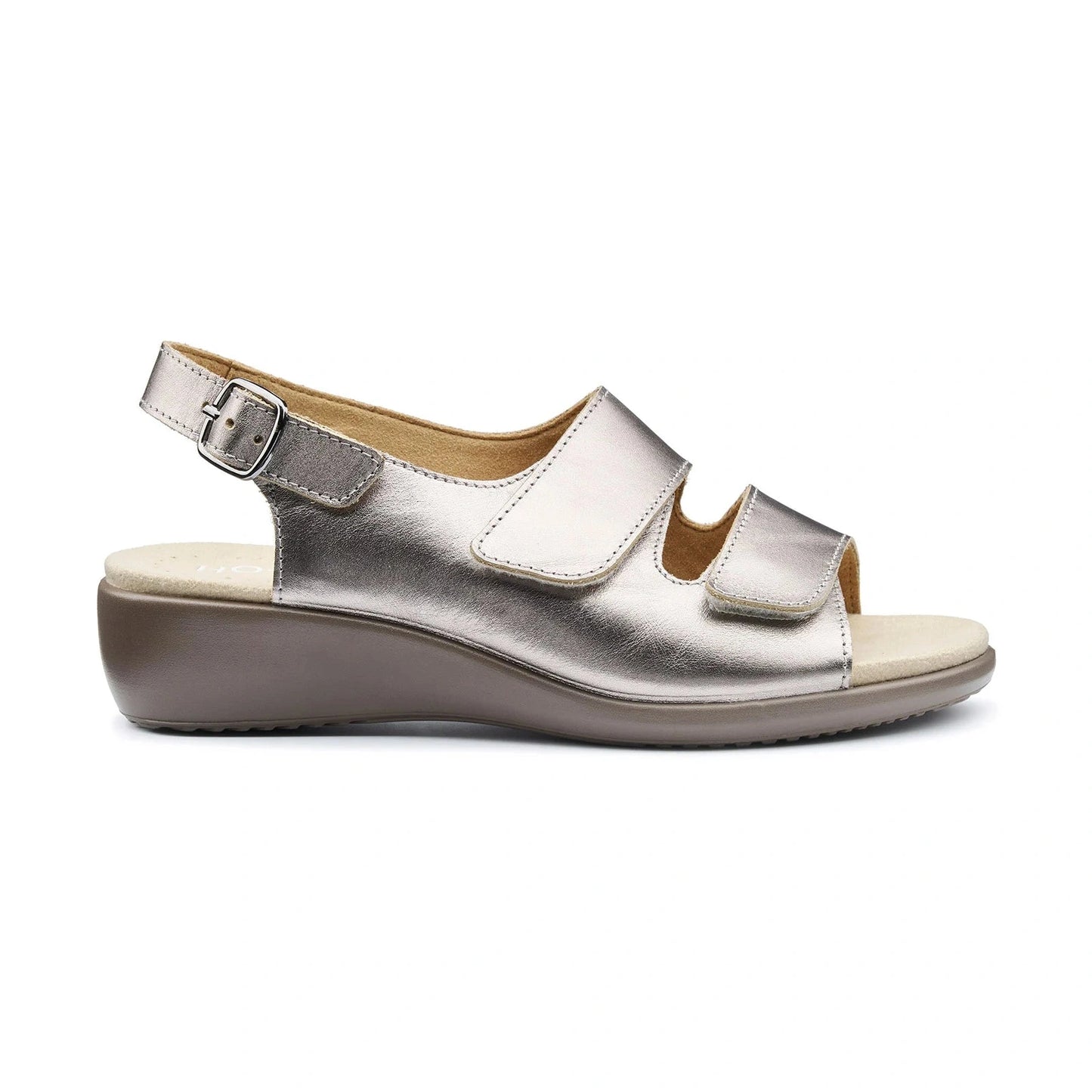 Hotter Easy Touch Fastening Wide Fit Sandal Pewter METALLIC LEATHER