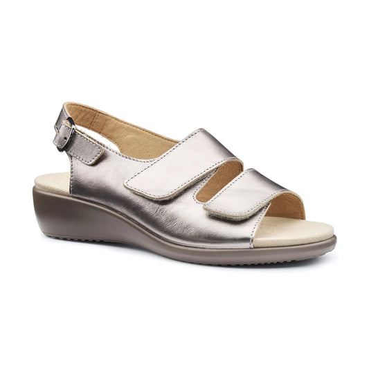 Hotter Easy Touch Fastening Wide Fit Sandal Pewter METALLIC LEATHER