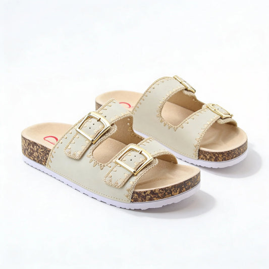 Heavenly Feet Sandy Twin Buckle Vegan Friendly Mule Sandal Beige