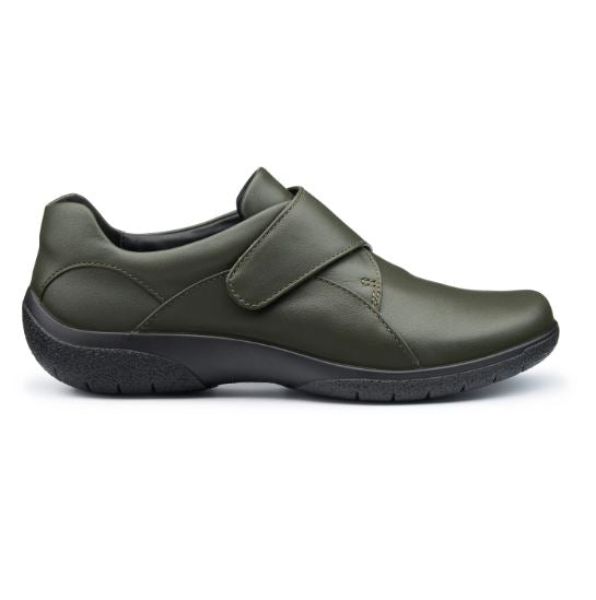 Hotter Shoe SUGAR Leather Touch Fastening Shoe Extra Wide Fitting FOREST Green