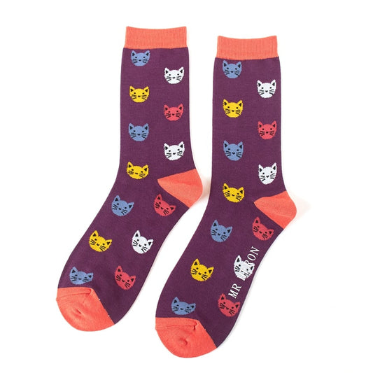 Mr Heron Kitty Faces MH139 PURPLE Quality Bamboo Socks