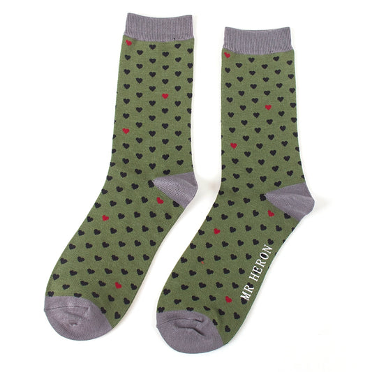 Mr Heron Little Hearts Mens Bamboo Socks GREEN MH140