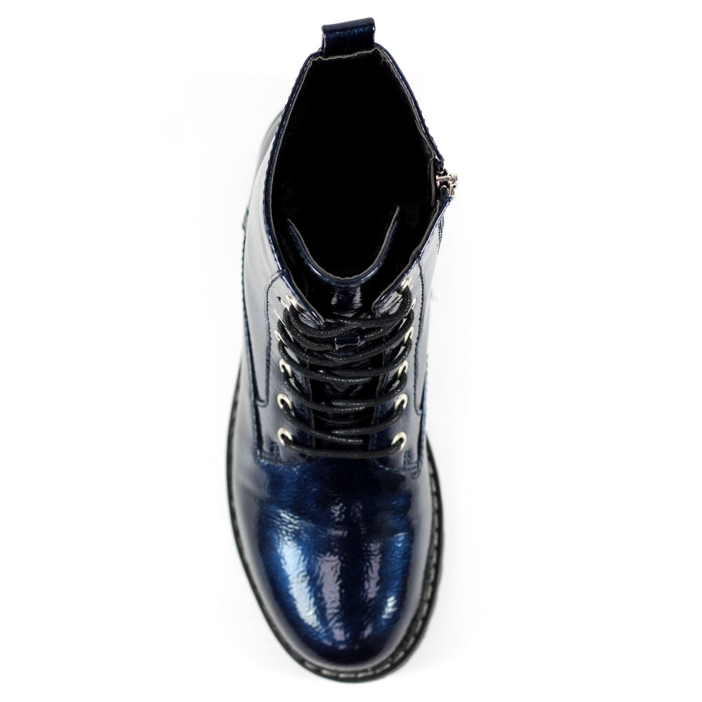 Lunar Nala NAVY Patent Lace up ankle boot with Zip GLW011