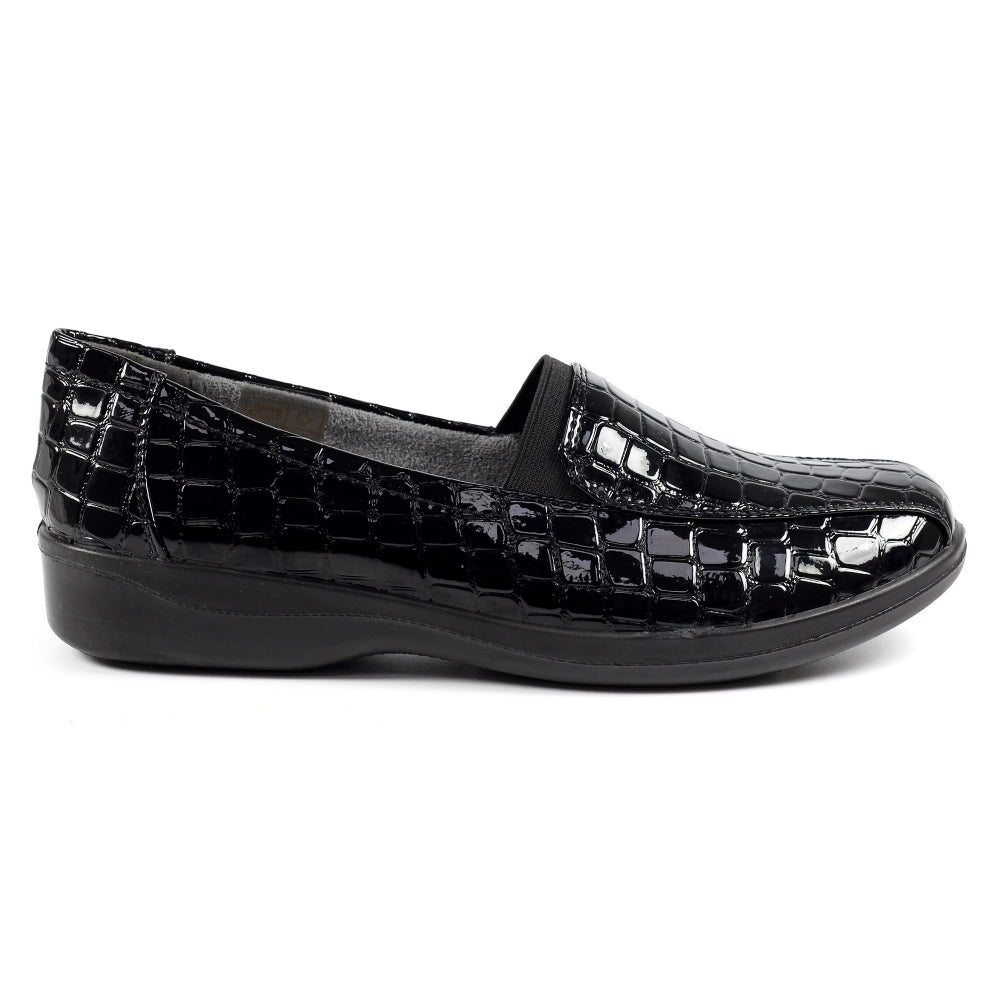 Lunar Nieve BLACK Croc Low Wedge Slip on Shoe FLN007BK