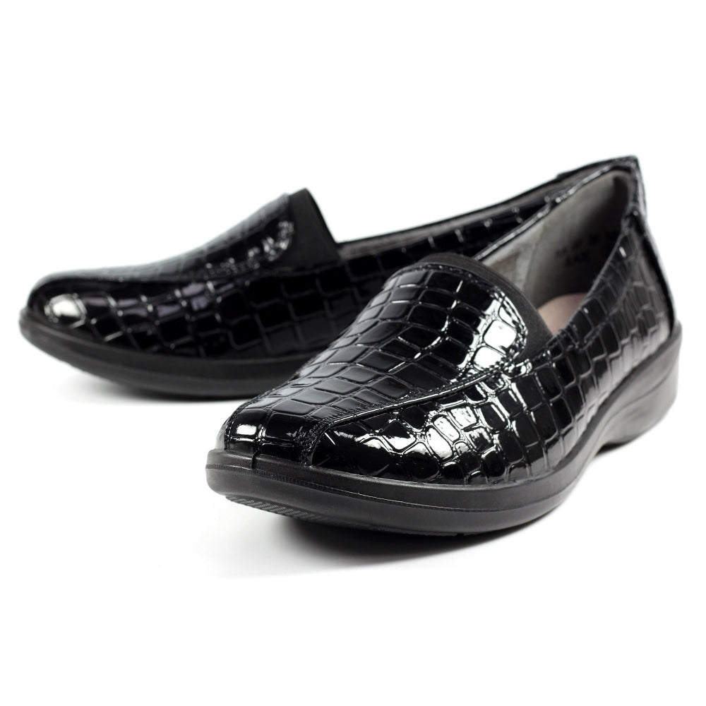 Lunar Nieve BLACK Croc Low Wedge Slip on Shoe FLN007BK