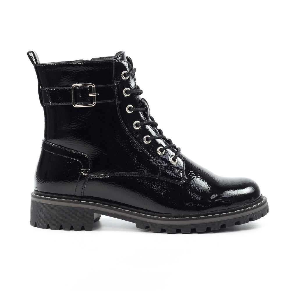 Lunar Boot Parlour Chunky Ankle Boot with Lace and Zip GLW030-BK BLACK PAT