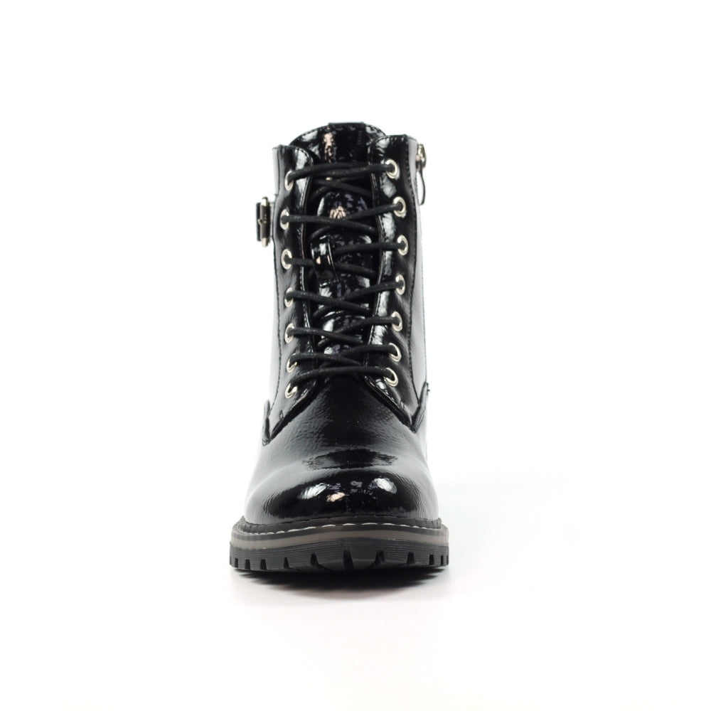 Lunar Boot Parlour Chunky Ankle Boot with Lace and Zip GLW030-BK BLACK PAT