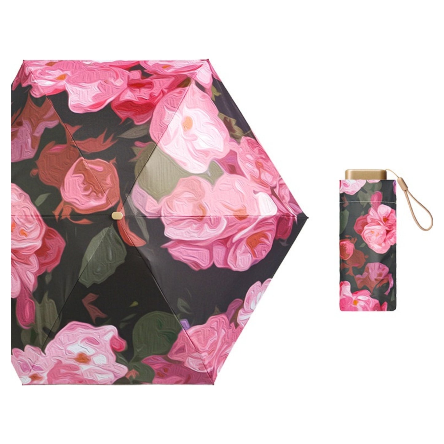 Artist Print Pocket Umbrella PINK BLACK FLOWER .