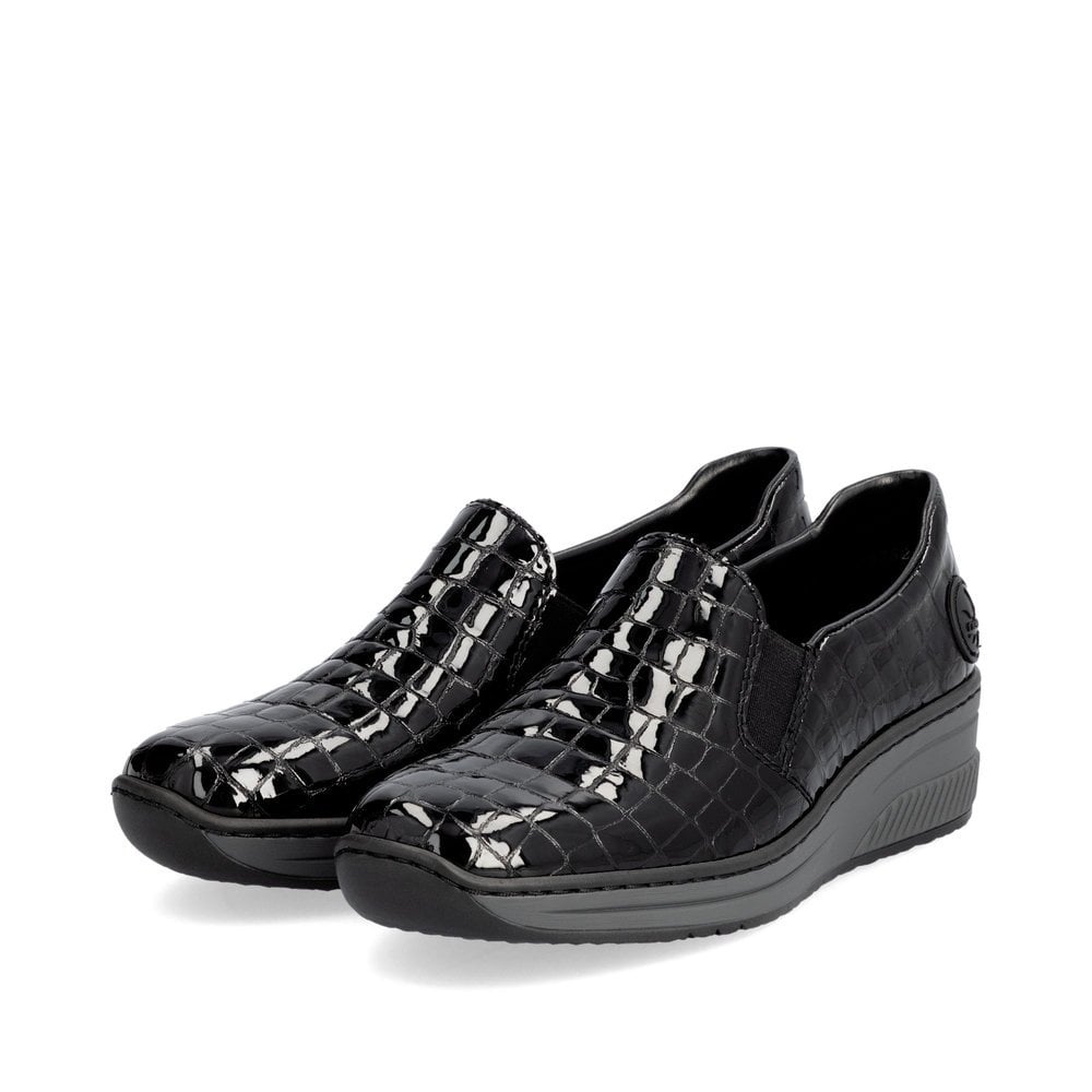 Rieker 48752 BLACK Patent Croc Slip on shoe 48752-00
