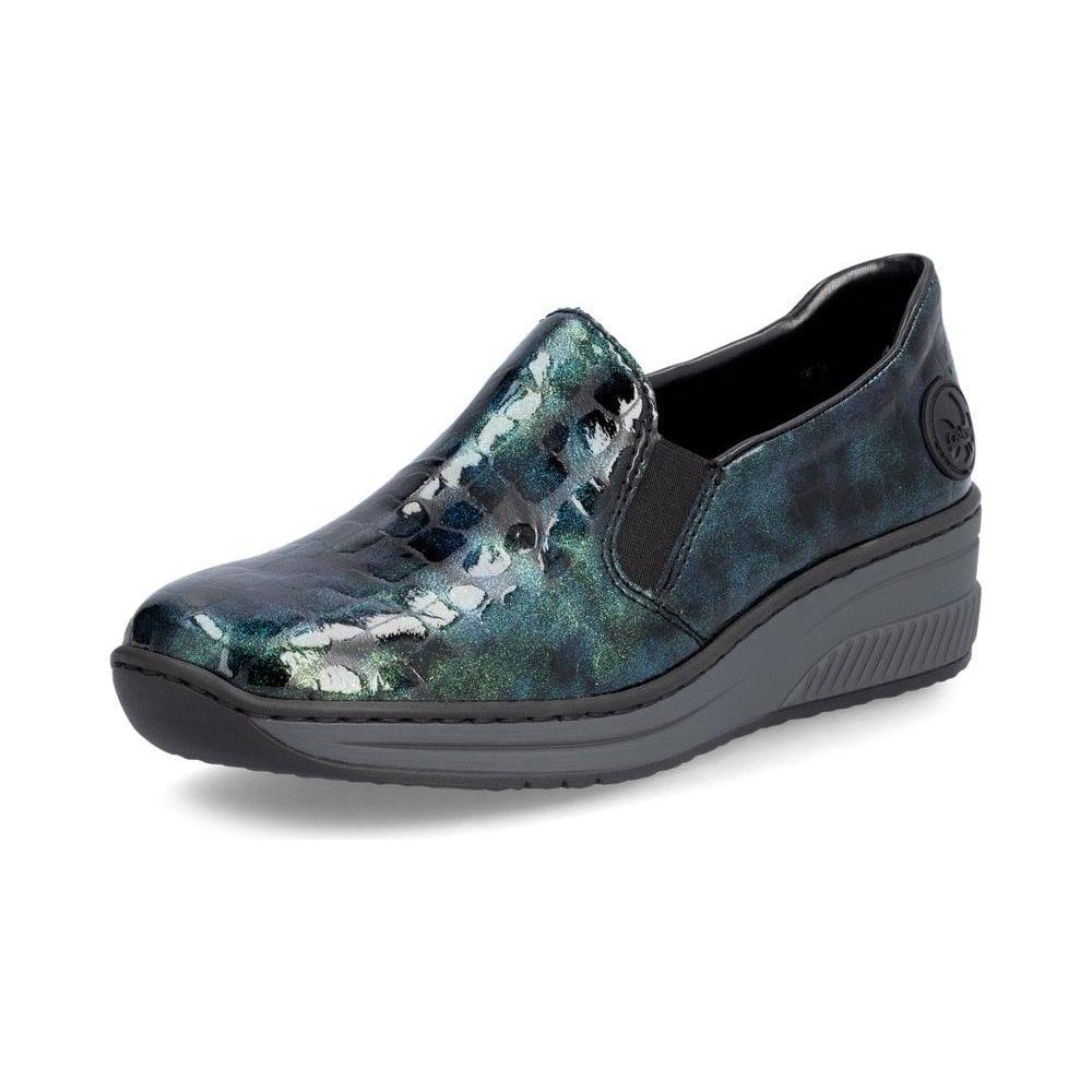 Rieker 48752 BLUE AND GREEN Croc Wedge Slip On Shoes 48752-92