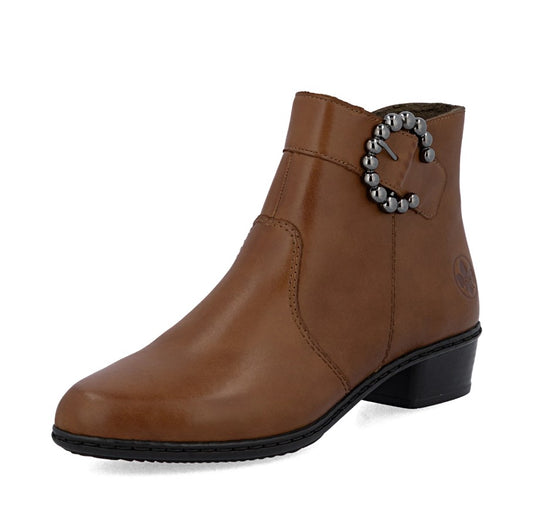 Brown ankle boot with decorative buckle