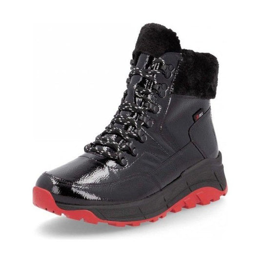 Rieker Evolution W0063 BLACK Patent Leather Lace up and Zip Ankle Boot W0063-01