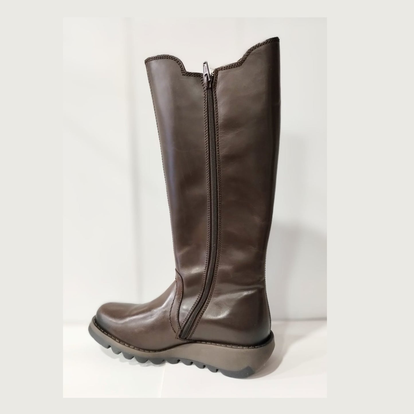 Fly London Soif Dark Brown Long Leg Leather Boot With Elastic Gusset and Zip