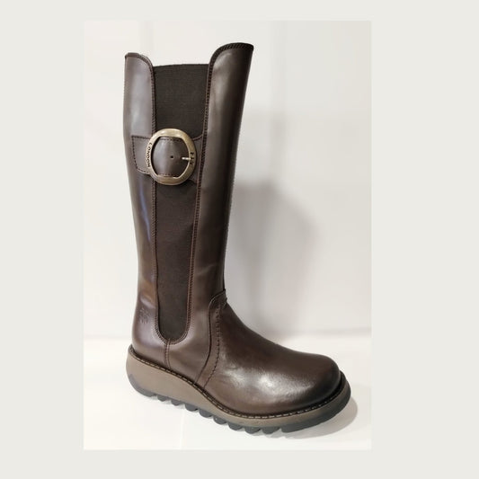 Fly London Soif Dark Brown Long Leg Leather Boot With Elastic Gusset and Zip