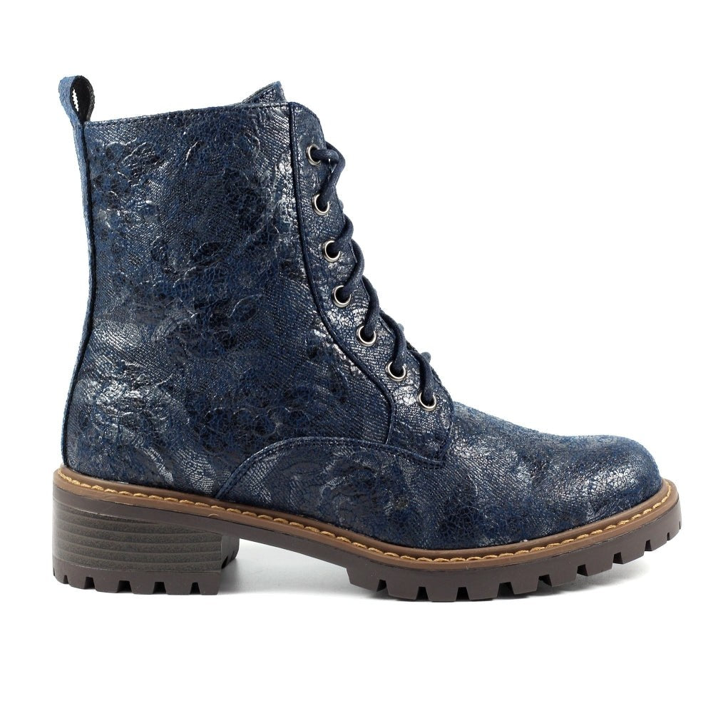 Lunar Roseville NAVY Floral Lace up Ankle Boot with Zip GLB111 BL