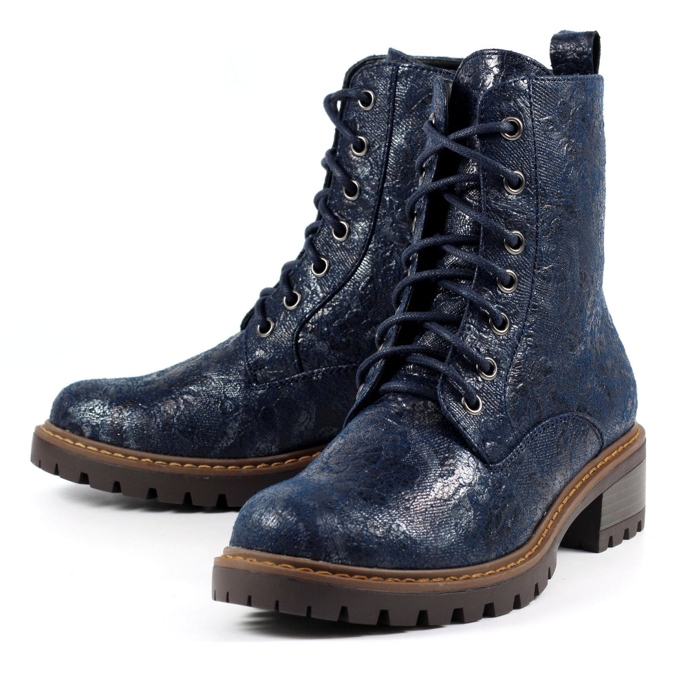 Lunar Roseville NAVY Floral Lace up Ankle Boot with Zip GLB111 BL