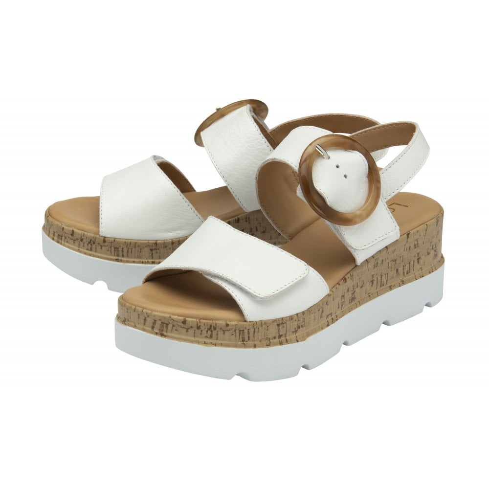 Lotus Cammie WHITE Leather Chunky Wedge Adjustable Sandal ULP268
