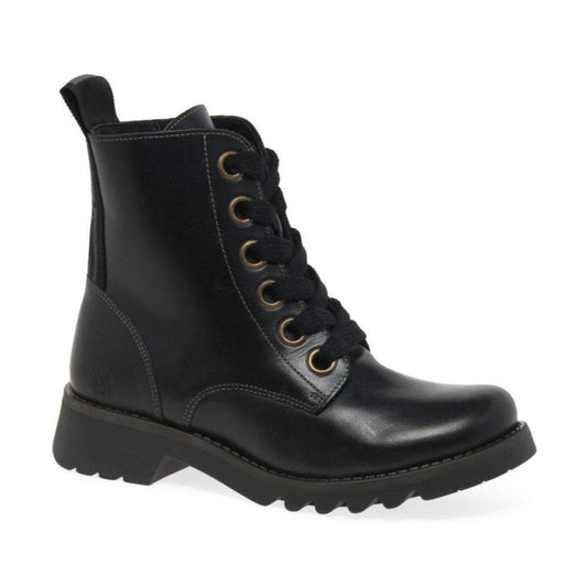 FLY London Ankle Boot Ragi BLACK Soft Leather Military Style Lace Boot