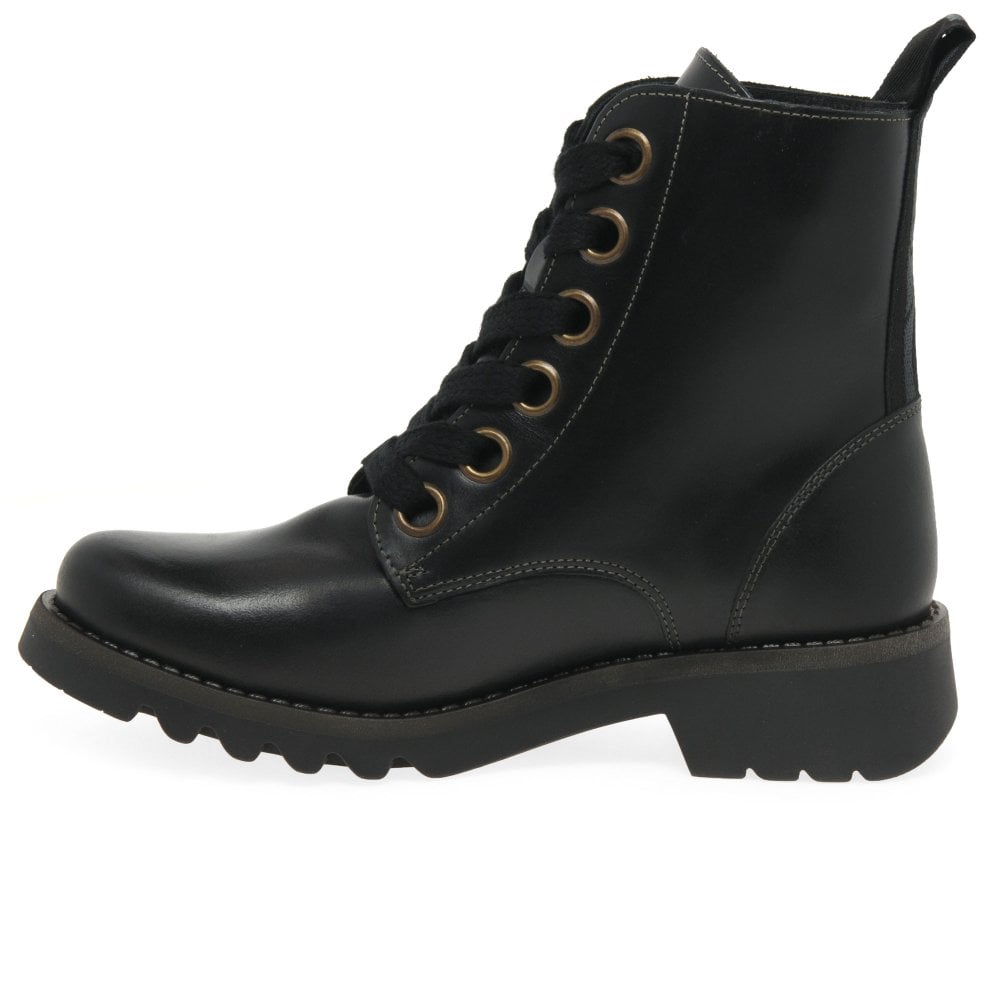 FLY London Ankle Boot Ragi BLACK Soft Leather Military Style Lace Boot