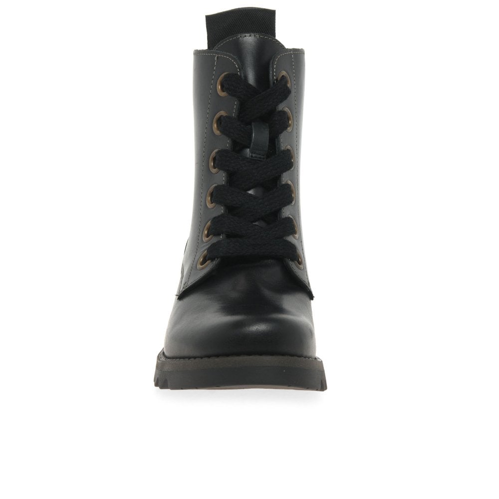 FLY London Ankle Boot Ragi BLACK Soft Leather Military Style Lace Boot