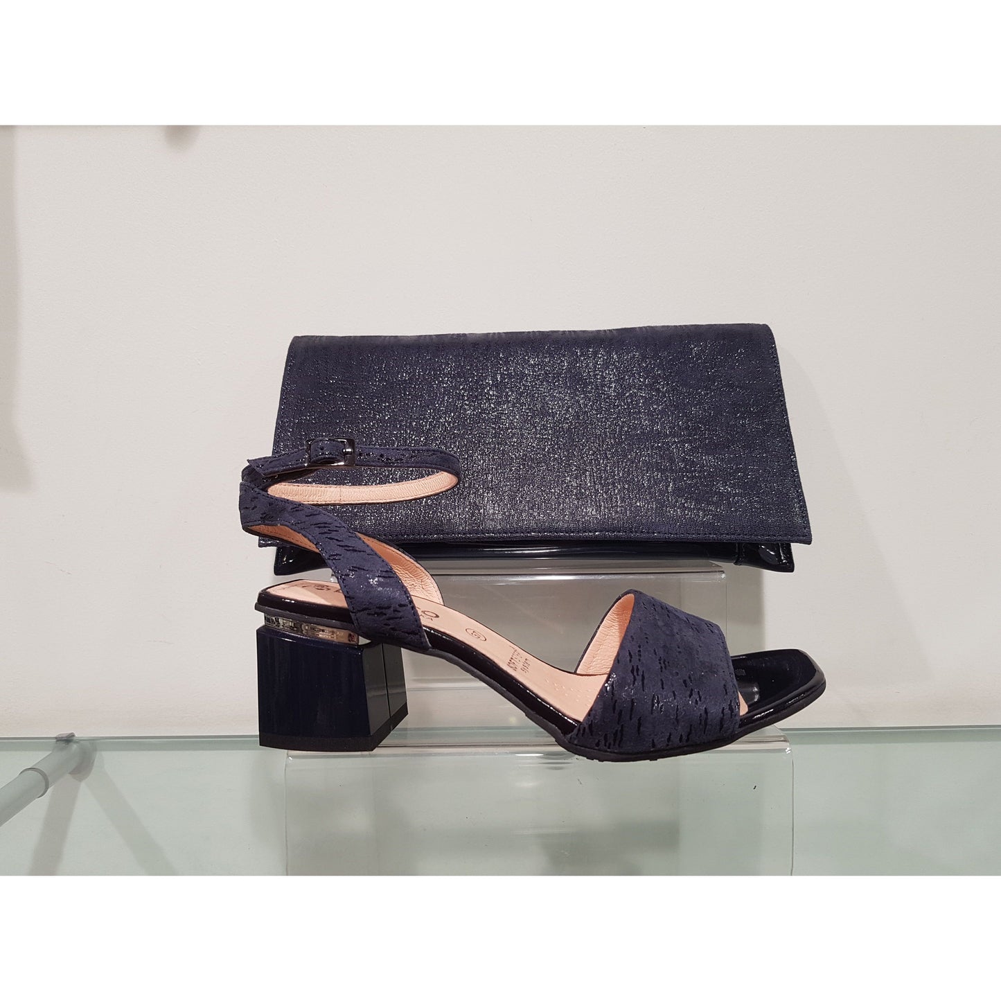 Bioeco 3942 Navy Block Heel Dress Sandal matching bag available