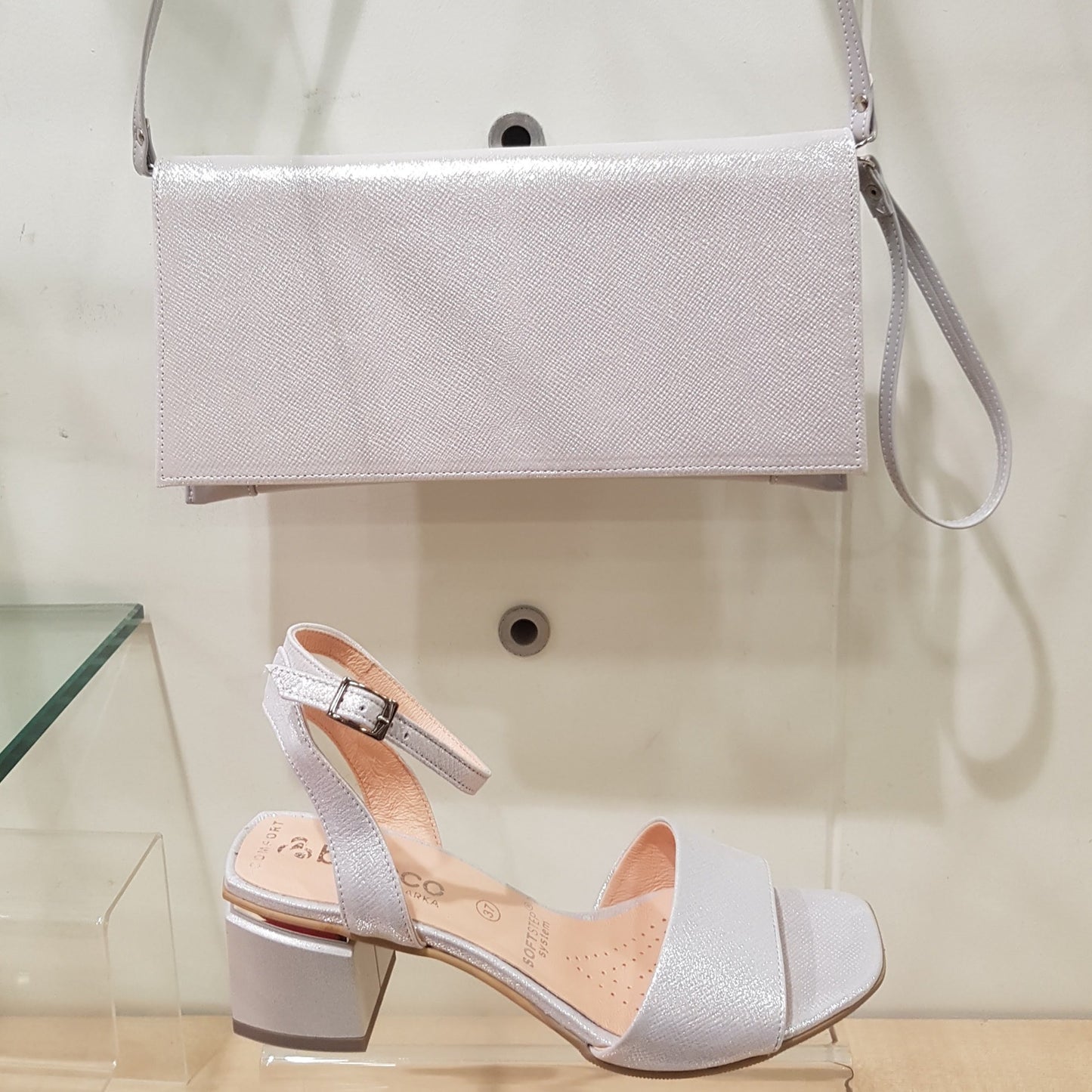 Bioeco 3942 Silver Block Heel Dress Sandal matching bag available