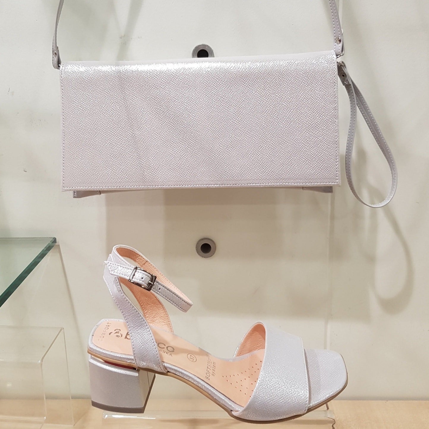 Bioeco 3942 Silver Block Heel Dress Sandal matching bag available