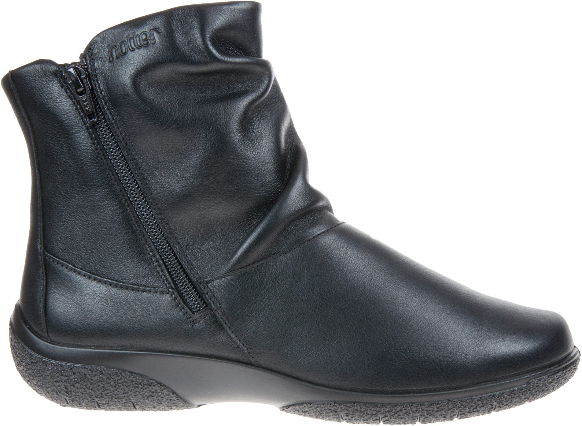 Hotter Boot WHISPER Soft Leather Flat Ankle Boot with twin Zip Wide fitting Black