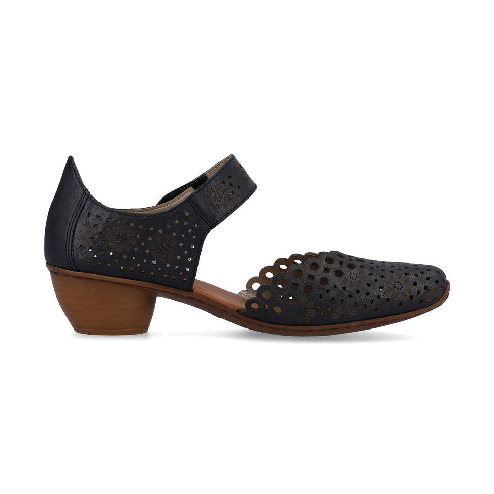 Rieker Bar Shoe BLUE 43753-14 Smart Heeled Leather Bar Shoe With Touch Fastening