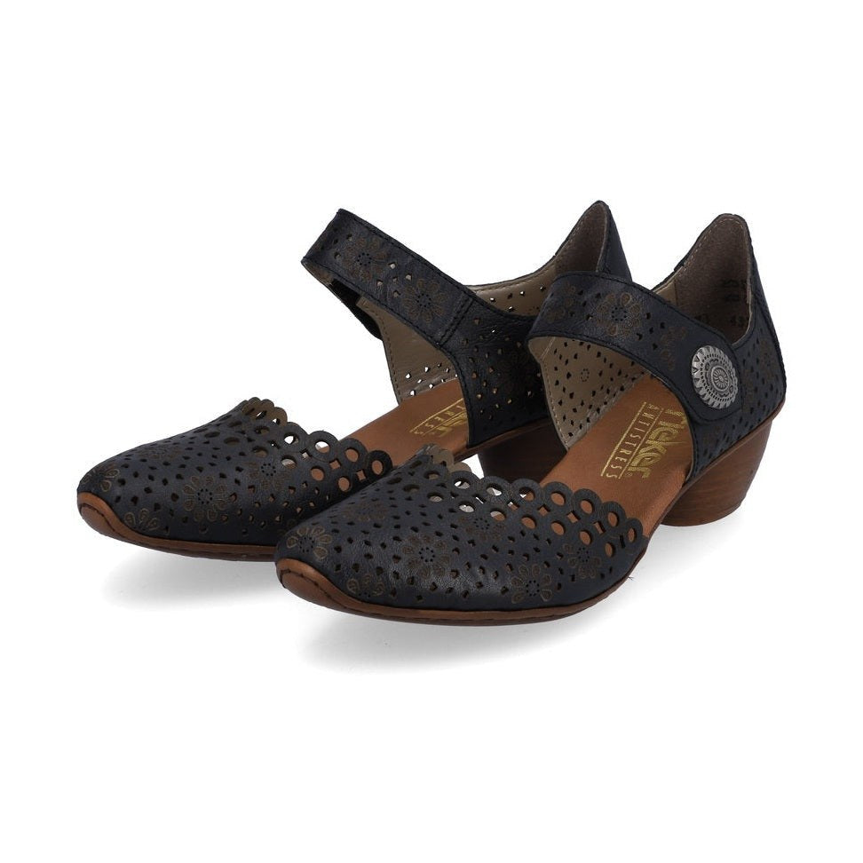 Rieker Bar Shoe BLUE 43753-14 Smart Heeled Leather Bar Shoe With Touch Fastening