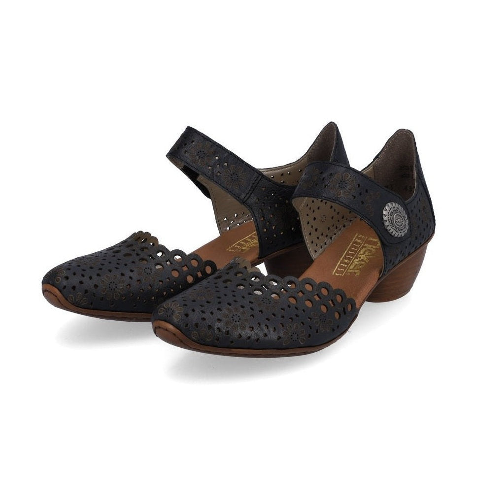 Rieker Bar Shoe BLUE 43753-14 Smart Heeled Leather Bar Shoe With Touch Fastening