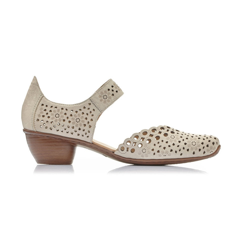 Rieker Bar Shoe OFF WHITE 43753-60 Smart Heeled Leather Bar Shoe With Touch Fastening
