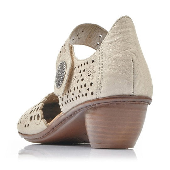 Rieker Bar Shoe OFF WHITE 43753-60 Smart Heeled Leather Bar Shoe With Touch Fastening