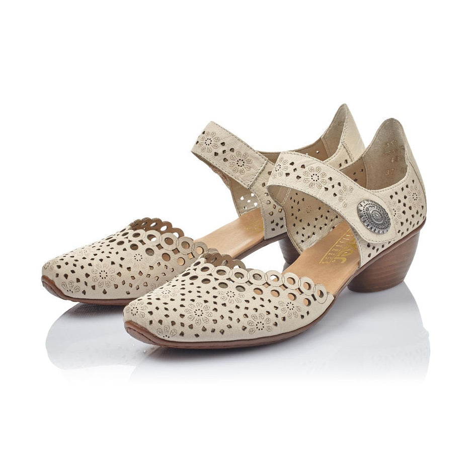 Rieker Bar Shoe OFF WHITE 43753-60 Smart Heeled Leather Bar Shoe With Touch Fastening