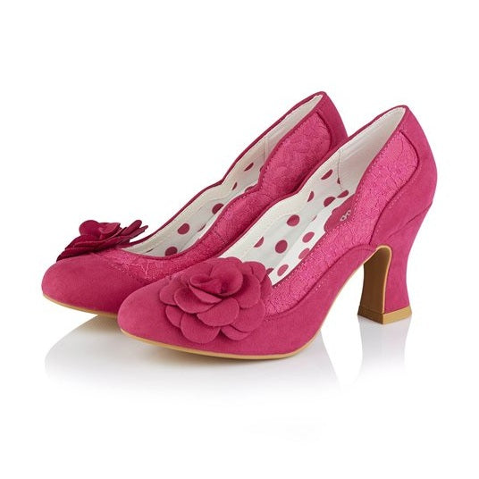 Ruby Shoo COURT SHOE Chrissie FUSCHIA With Lace and Flower Trim