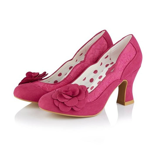 Ruby Shoo COURT SHOE Chrissie FUSCHIA With Lace and Flower Trim