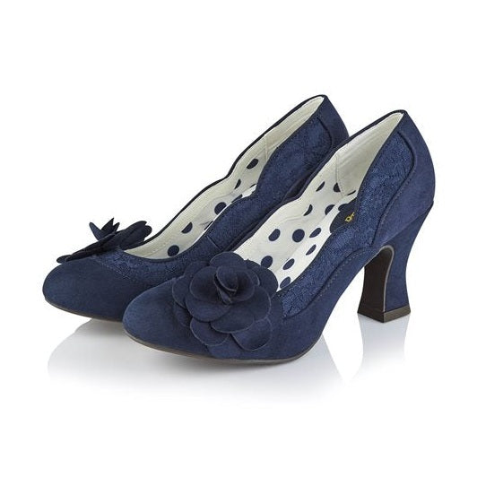 Ruby Shoo COURT SHOE Chrissie NAVY with Lace and Flower Trim
