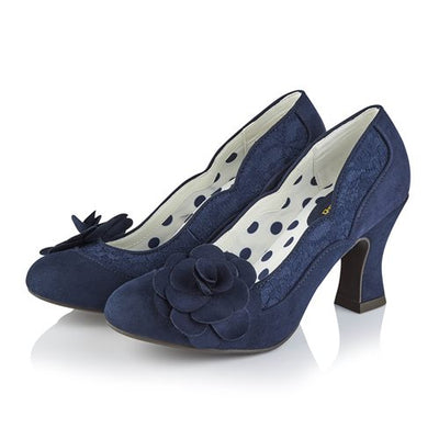 Ruby Shoo COURT SHOE Chrissie NAVY with Lace and Flower Trim