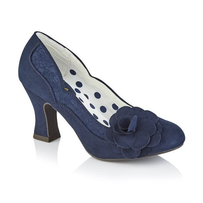 Ruby Shoo COURT SHOE Chrissie NAVY with Lace and Flower Trim