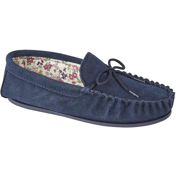 Ladies Lily Moccassin Slipper Navy Suede